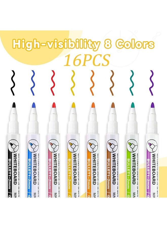 Set of 16 Pcs Magnetic Fine Tip Dry Wipe Whiteboard Pens Low Odour Erasable Markers with Eraser Assorted Colours for Kids Drawing School Office Home Classroom Whiteboard Use - Image 2